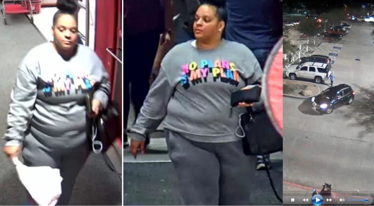 collage of female suspect for stolen credit cards. Suspect wearing a "No Plans is My Plan" grey sweatshirt and sweatpants. Hair tied up in a bun.